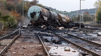 Aftermath of Hazardous Cargo Train Derailment on Railway Tracks