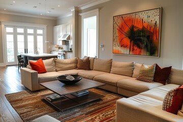 Living room with a sectional sofa, contemporary art, and a coffee table