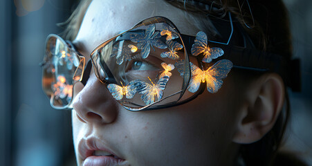 Woman wearing butterfly glasses, adding a touch of whimsy to her look.