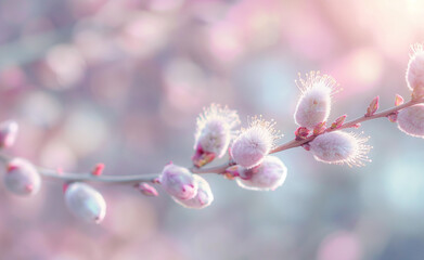 Soft focus close-up of pussy willow branches with fluffy catkins.
