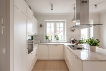 Bright and cozy white kitchen with minimalistic style and elegant finishes