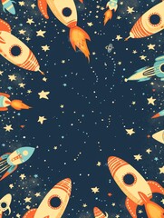 Whimsical Children's Book Illustration with Colorful Rockets and Stars in a Night Sky
