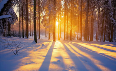 Sunlight streaming through snowy trees in a winter forest.