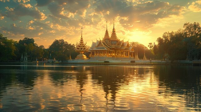 An enchanting vista of a beautiful golden temple set amidst the serene surroundings of Thailand, the majestic landscape offering a glimpse into the country's rich history and architectural wonders,