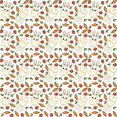 Cute bunny with carrot, leaves, and strawberry pattern cartoon with transparent background, can be used for wallpaper, fabric, wrapping design