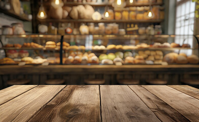 Wooden counter in front of a bakery with various baked goods.