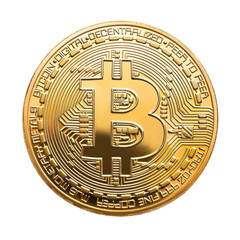 Golden coin with bitcoin symbol isolated on white background, Shiny golden physical cryptocurrencies Bitcoin symbol