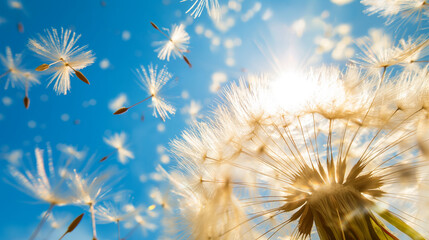 Dandelion seeds blowing in the wind under a bright sun.