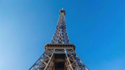 Eiffel Tower Adorned with Olympic Rings: Iconic Logo for the Paris 2024 Summer Games Against a Blue Sky