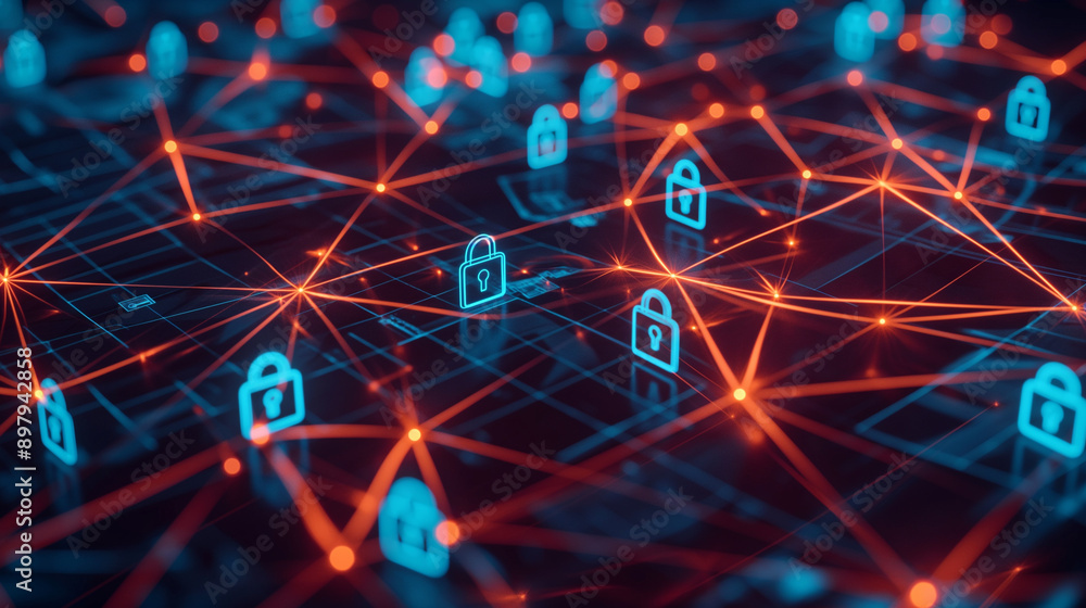 Poster cybersecurity concept with glowing locks and network connections.