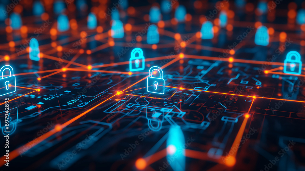 Poster cybersecurity concept with glowing locks and network connections.