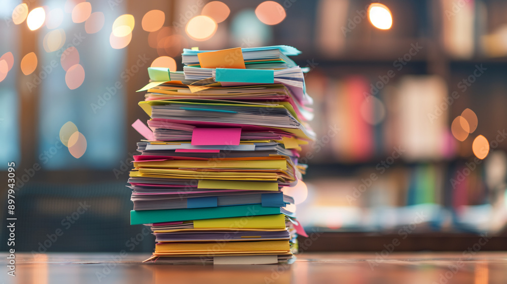 Poster pile of colorful folders and papers on a desk with soft focus lights in the background.