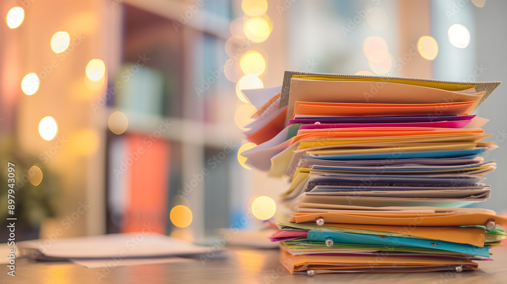 Poster pile of colorful folders and papers on a desk with soft focus lights in the background.