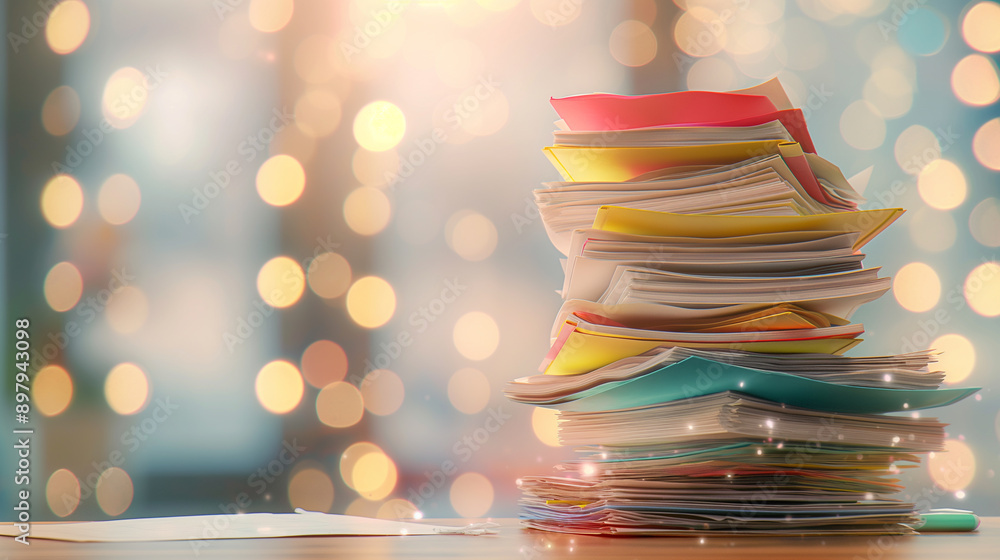 Poster pile of colorful folders and papers on a desk with soft focus lights in the background.