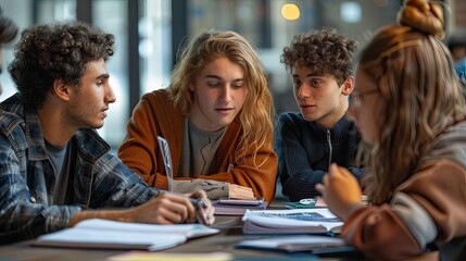 Obraz premium Group of diverse college students collaborating on a project in a study lounge, focusing on their books and discussing ideas.
