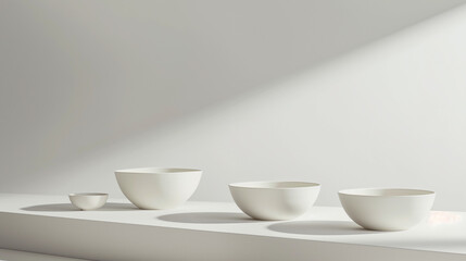 Three white ceramic bowls arranged in a row with dramatic shadows.