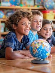 Fototapeta premium Happy schoolchildren studying world geography with a globe in a colorful classroom, learning and smiling together.