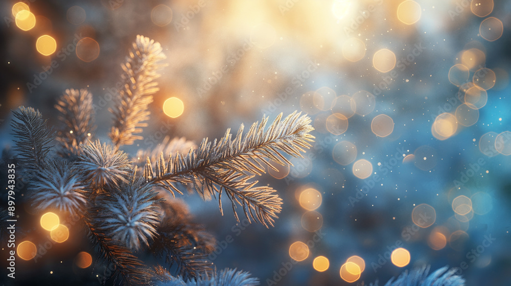 Poster frost-covered pine branches with warm bokeh lights in the background.