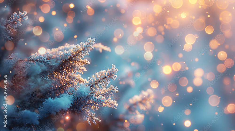 Poster frost-covered pine branches with warm bokeh lights in the background.