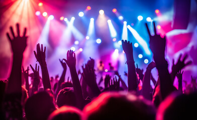 A vibrant concert scene with colorful lights and raised hands.