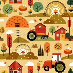 Seamless pattern of farmyard scenes with tractors and haystacks, Generative AI