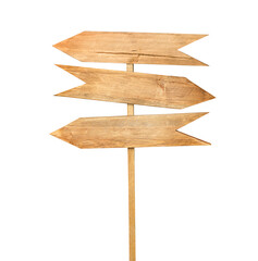 wooden road sign with arrows on a white isolated background