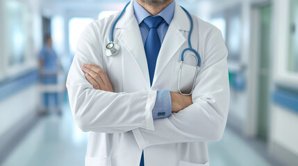 Doctor in a white coat with arms crossed in a hospital.