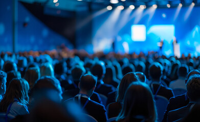 Audience attending a conference with blue lighting and large screens.