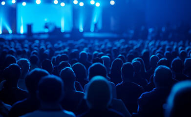 Audience attending a conference with blue lighting and large screens.