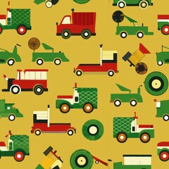  Seamless pattern of farmyard vehicles like wagons and combines, Generative AI