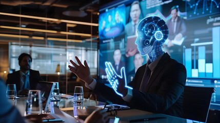 Futuristic Hologram Business Meeting in Digital Corporate Office Setting