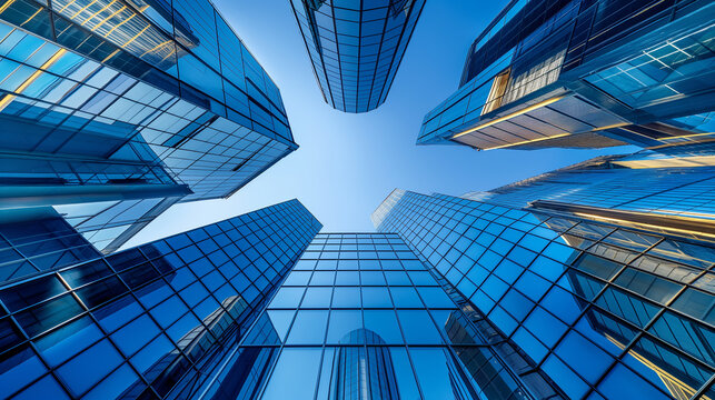 Skyscrapers viewed from below against a clear blue sky.
