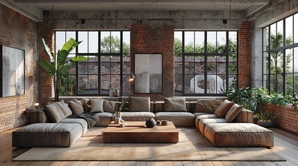 Contemporary loft with exposed brick walls large windows and minimalist furniture industrial style neutral tones 3D rendering