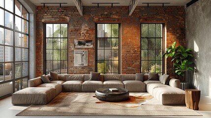 Contemporary loft with exposed brick walls large windows and minimalist furniture industrial style neutral tones 3D rendering