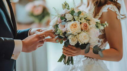 A bride and groom exchanging rings, holding a bouquet of flowers.