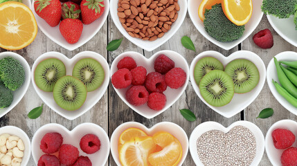 Assorted fruits and seeds in heart-shaped bowls.