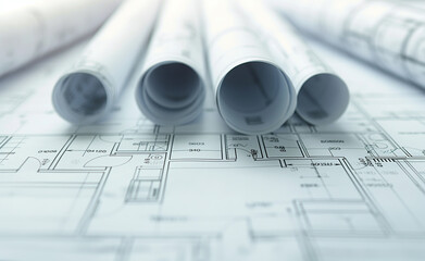 Rolled-up blueprints on an architectural plan.