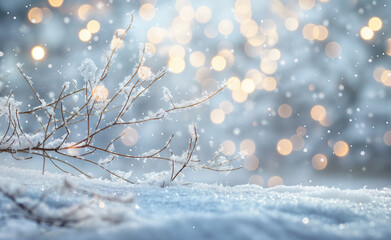 A snowy winter scene with snowflakes falling gently.