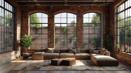 Contemporary loft with exposed brick walls large windows and minimalist furniture industrial style neutral tones 3D rendering