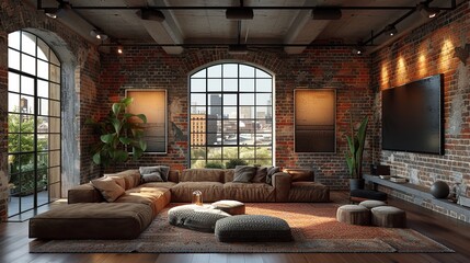 Contemporary loft with exposed brick walls large windows and minimalist furniture industrial style neutral tones 3D rendering