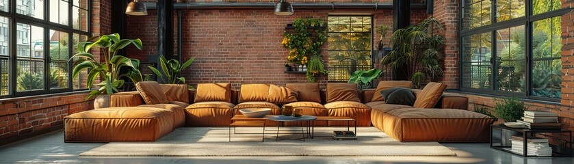 Contemporary loft with exposed brick walls large windows and minimalist furniture industrial style neutral tones 3D rendering