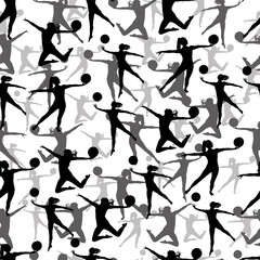 seamless pattern of black and white images of a group of girls on a white background doing sports.