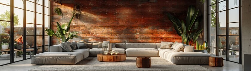 Contemporary loft with exposed brick walls large windows and minimalist furniture industrial style neutral tones 3D rendering