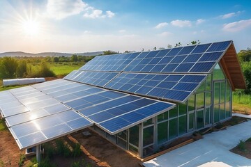 Solar energy panel, photovoltaic power roof, solar home cell system, eco-friendly housing. Future electric engineering, solar energy, building panels, environment, sunsets, nature stations, and skylig