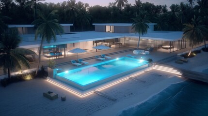 Fototapeta premium Tropical Paradise Retreat: Luxurious oceanfront villa with illuminated pool at twilight. 