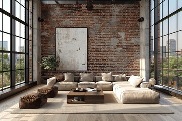 Contemporary loft with exposed brick walls large windows and minimalist furniture industrial style neutral tones 3D rendering