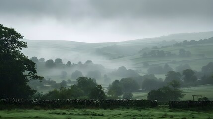 Obraz premium Misty Countryside Landscape with Autumn Hills and Rainy Atmosphere