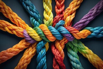 Diverse strengths are connected by a team rope to form partnerships, teamwork, harmony, and support. Powerful, multifaceted network rope team concept that integrates braid, color background, cooperati