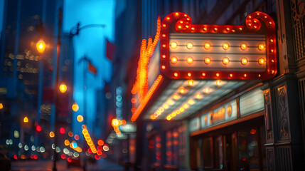 Dazzling Marquee of a Chicago Theater Lit Up at Night with Blurred Urban Background