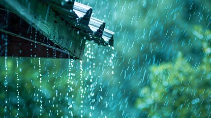 Rain Droplets Cascading from Roof Eaves onto Tranquil Landscape